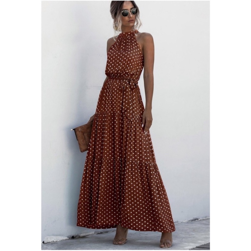 Boho Brown Polka Dot Halter Belted Maxi Dress S M L XL